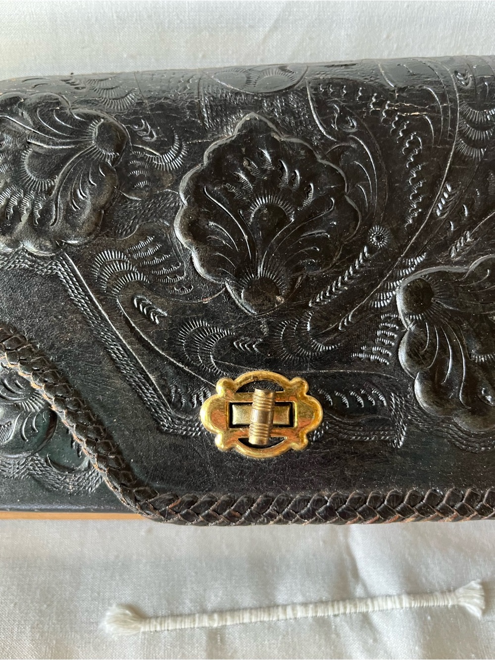 Leather Tooled Crossbody Clutch Purse in Black with Gold Hardware